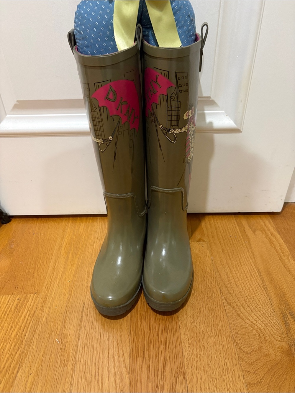 DKNY Olive Green Tall Rain Boots with Pink Umbrella Graphic